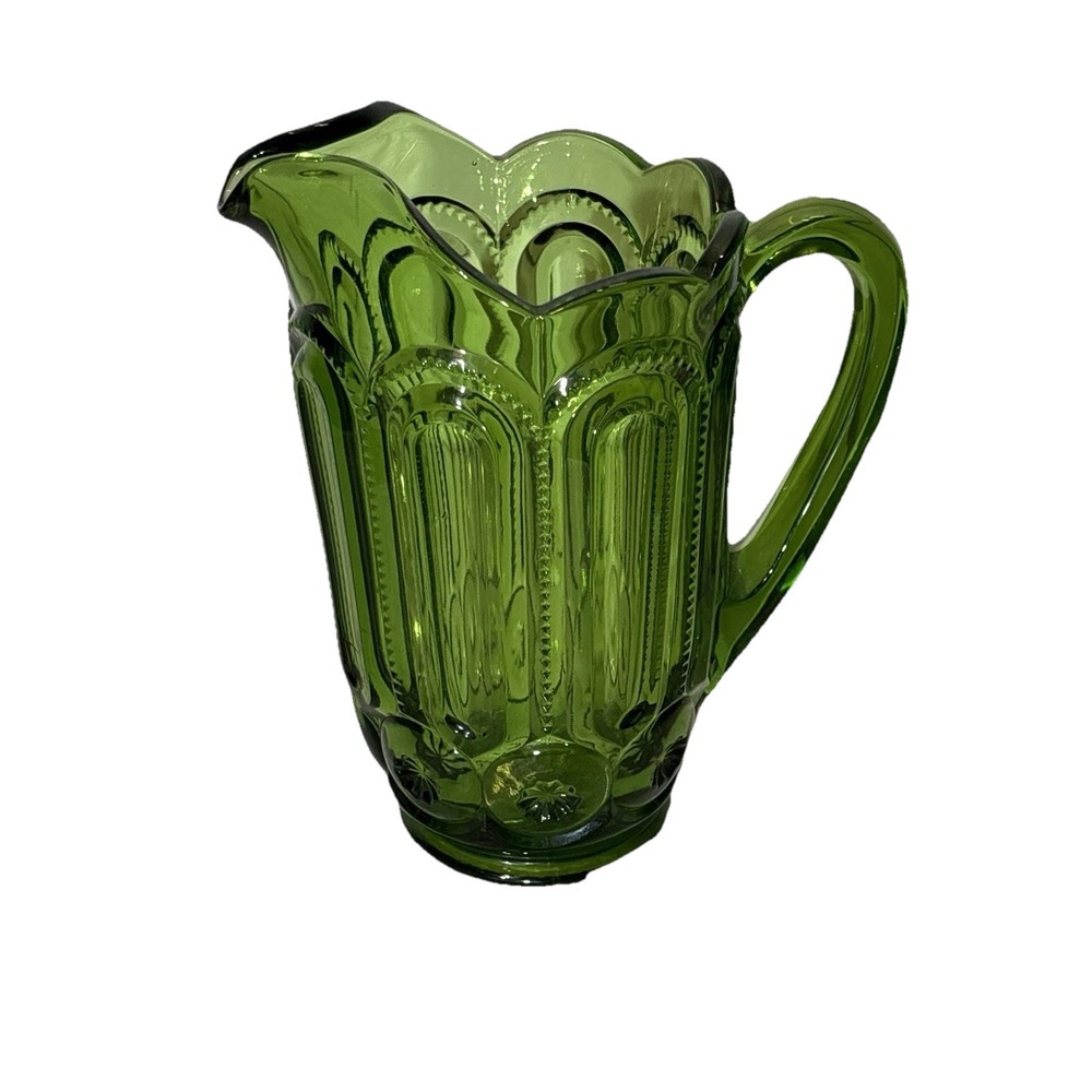 Vintage L E Smith Green Moon and Star Glass Pitcher 32oz Ice Lip Water Jug