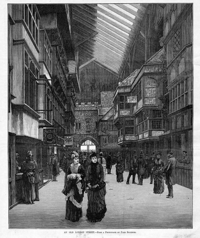 ARCHITECTURE, OLD LONDON STREET, WOMENS FASHION, SKYLIGHT 1887 ANTIQUE ENGRAVING