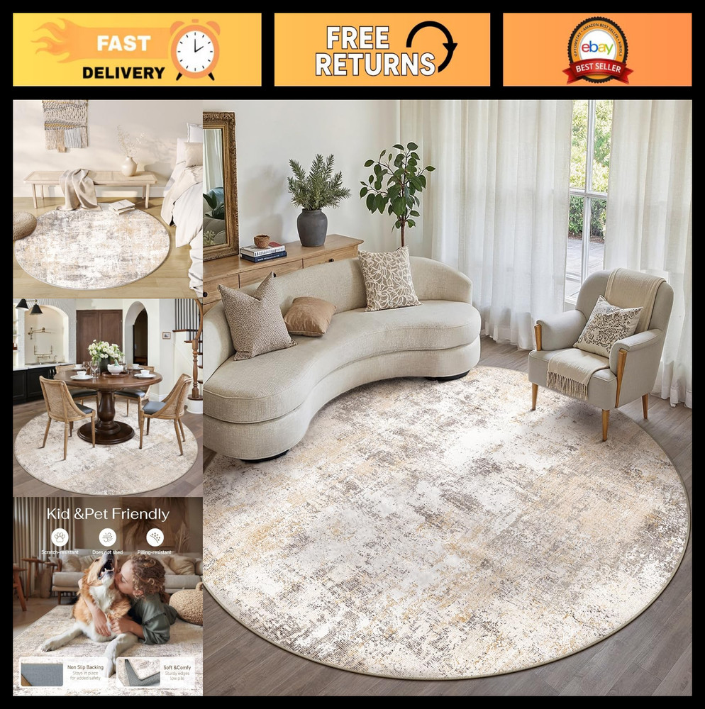 Washable Round Rug 8x8 Beige Grey Abstract Non-Slip Soft Low Pile Circle Carpet