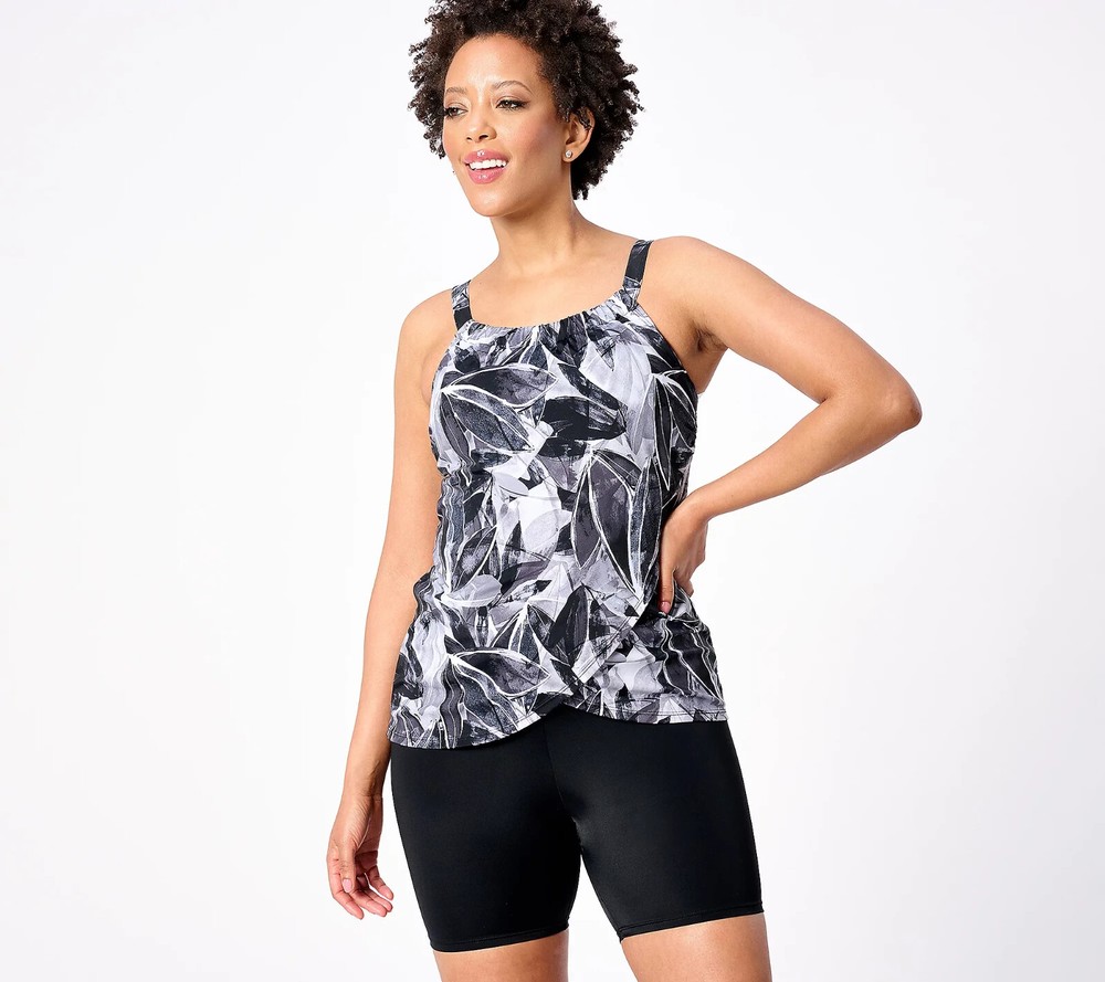 Denim & Co. Beach Abstract Palm Printed Tankini w/Bike Shorts Black 20 A590710-image