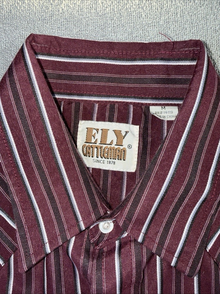 Ely Cattleman Pearl Snap Shirt Mens Size Medium Red Silver Stripe Long Sleeve