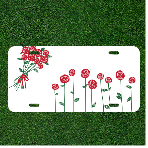 Custom Personalized License Plate Auto Tag With Red Flowers Draw Sketch Art