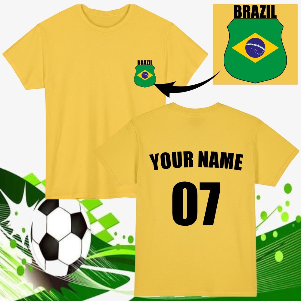 Personalised Brazil Football T-Shirt Custom Name Number Fan Gift Unisex Tee Top