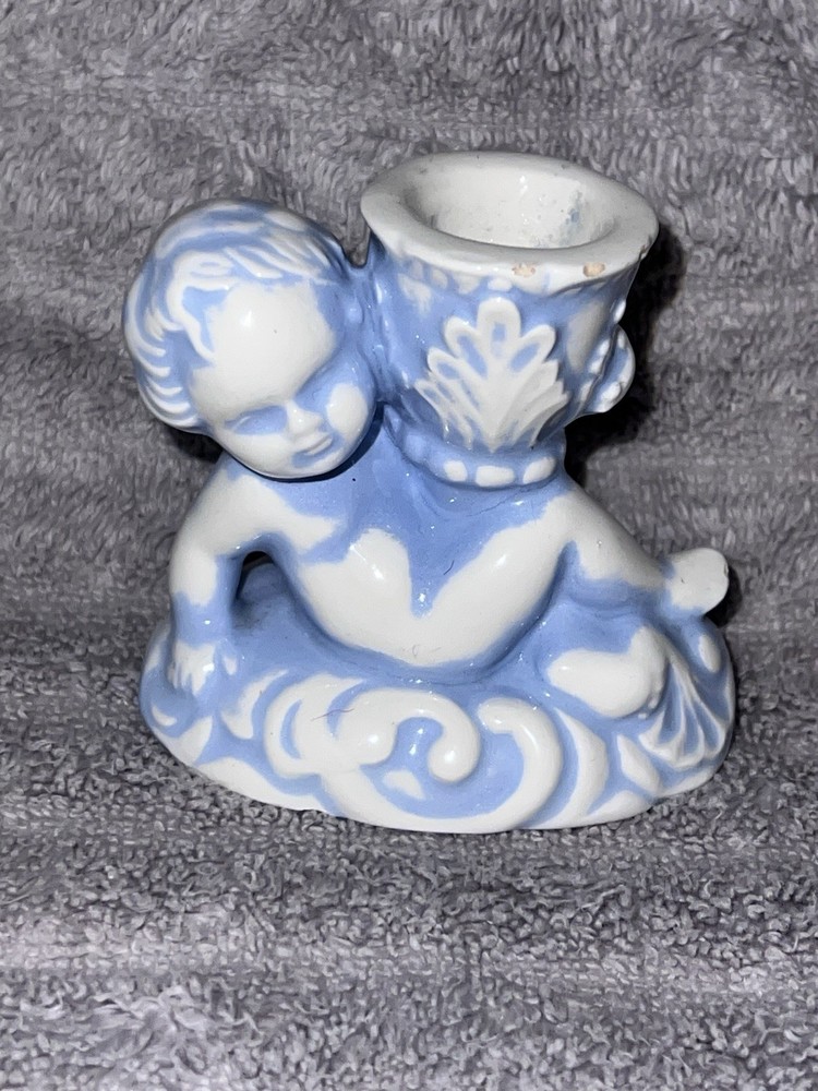 vintage porcelain Blue&white baby cherub candlestick holder