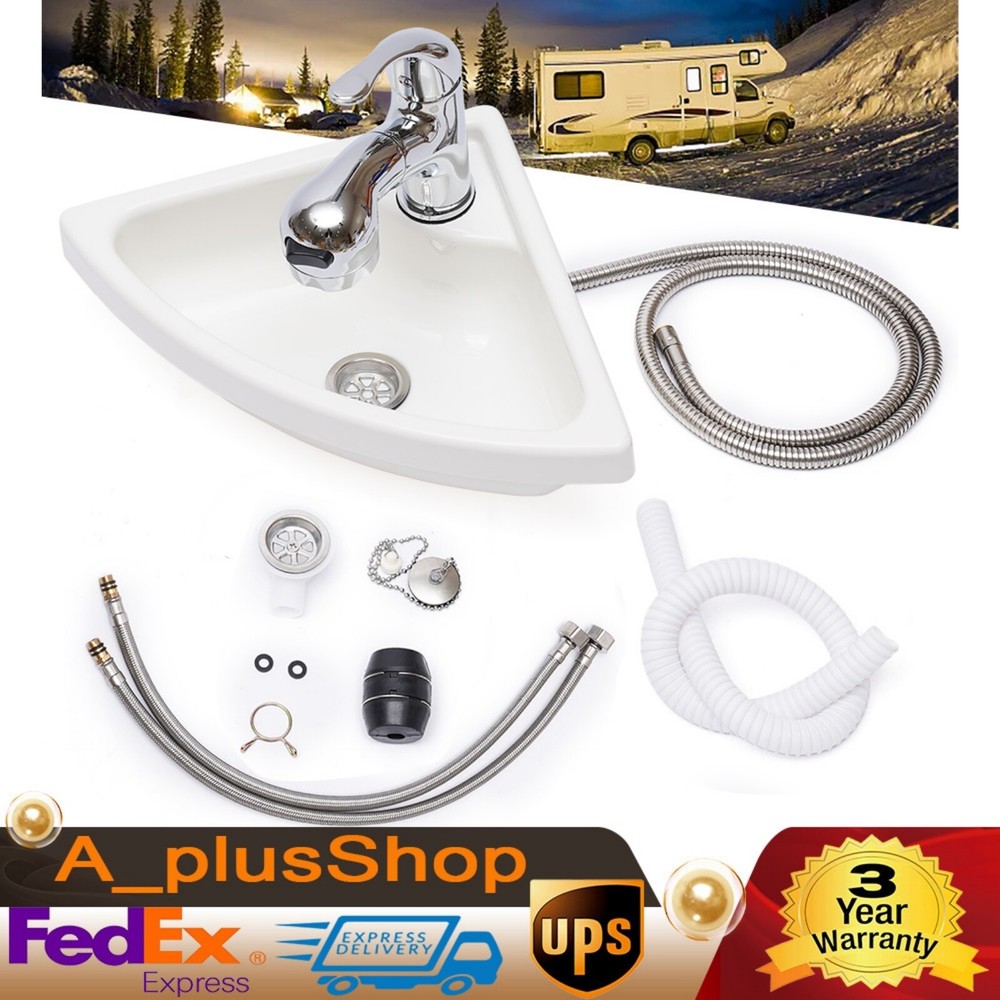 RV Boat Marine Caravan Camper Acrylic Triangular Sink With Faucet Drain Hose Kit