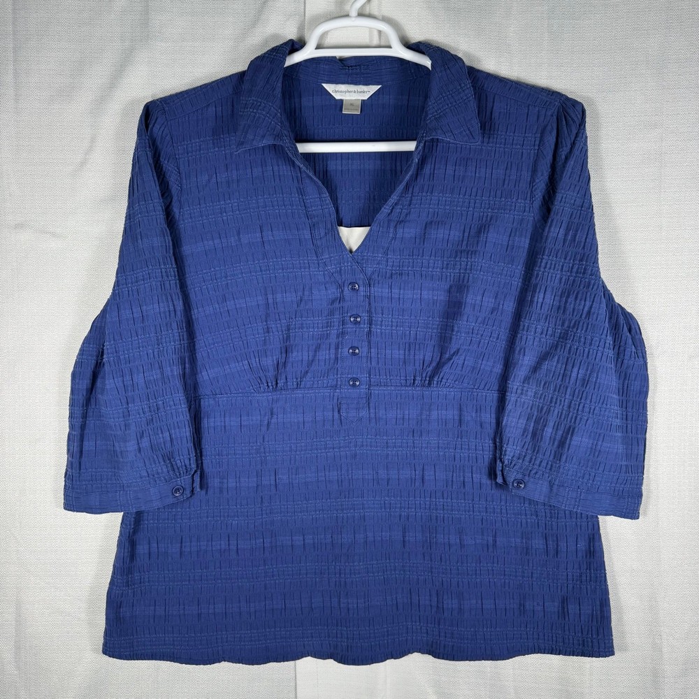 Christopher & Banks Blue Textured Seersucker V-Neck 3/4 Sleeve Top XL 07242-4359