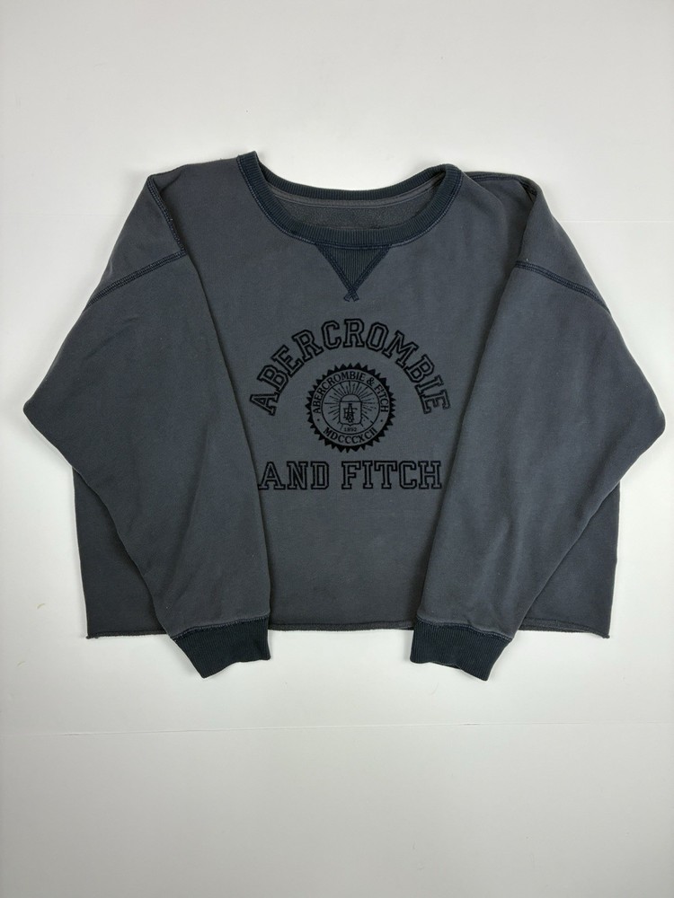 Abercrombie & Fitch Sweatshirt Spellout XL Crewneck Cropped Felt Logo Navy Blue