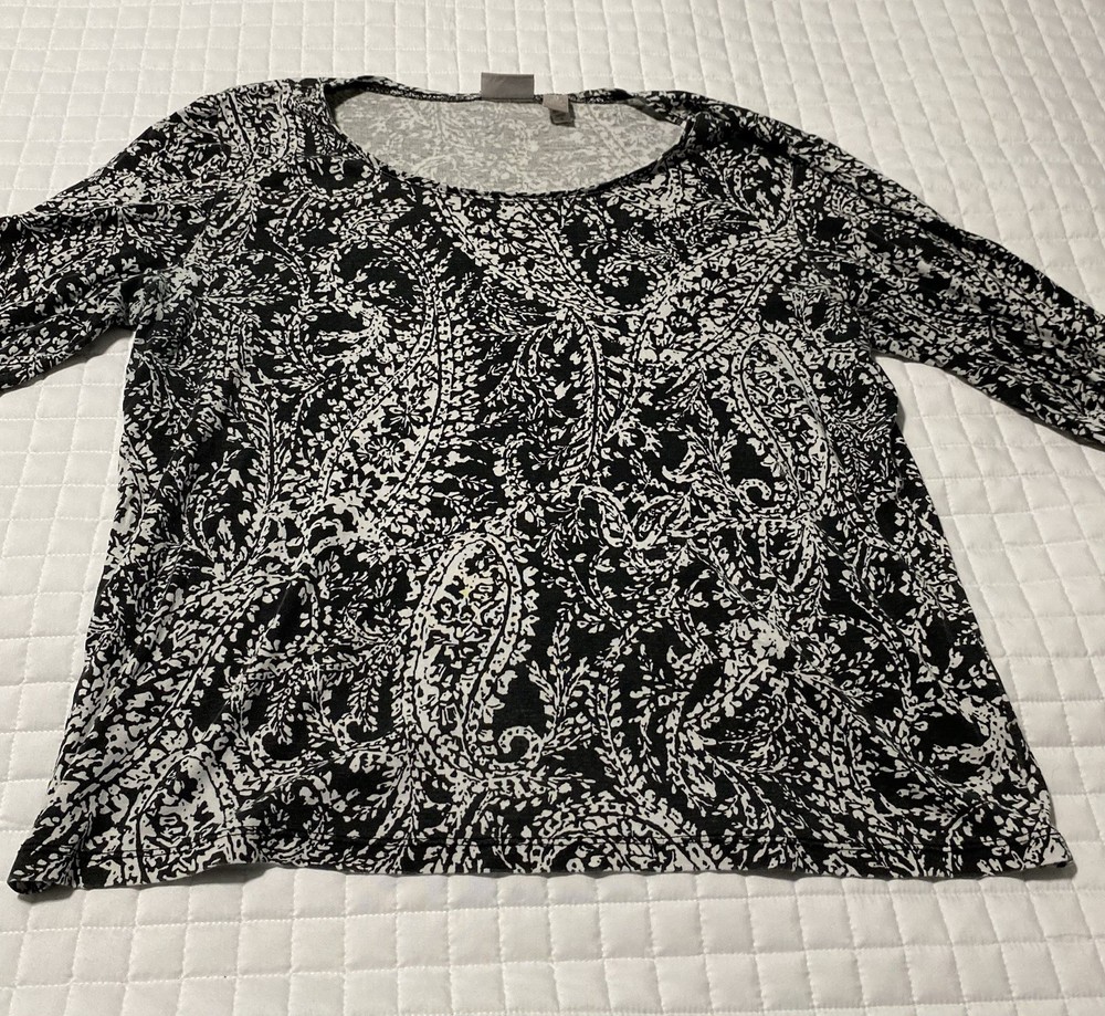 Chico's Size 3 Top Womens XL Black White Paisley Knit 3/4 Sleeve Scoop Neck