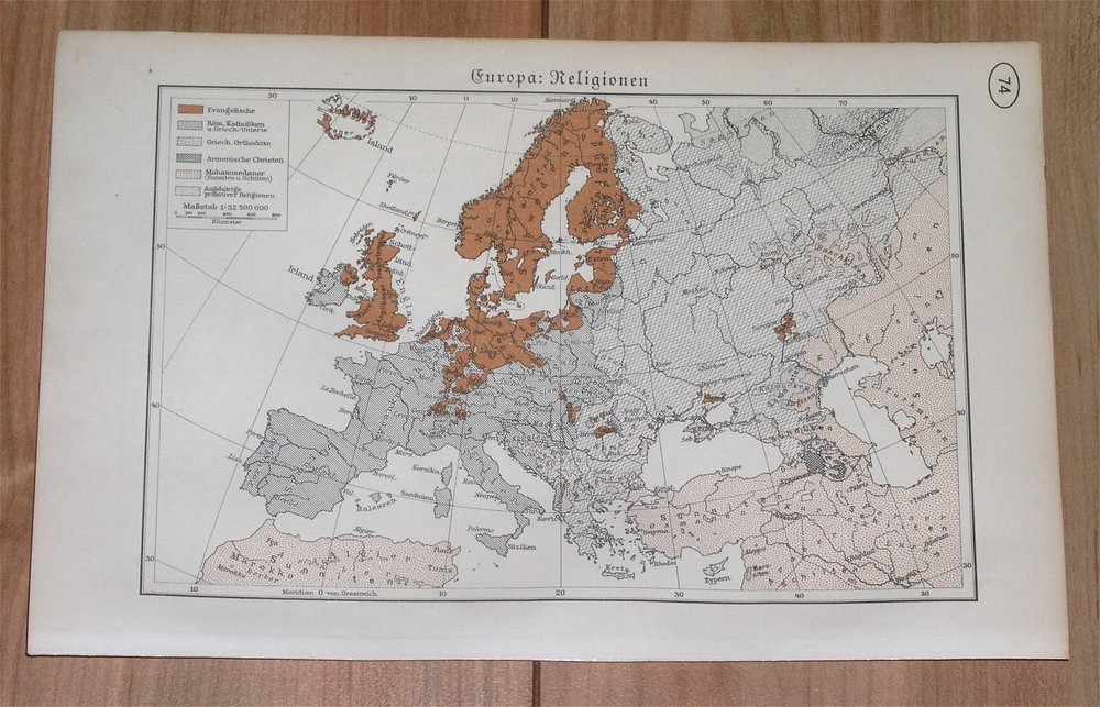 1937 Original Vintage Map Of Europe Religions Catholic Protestantism Islam