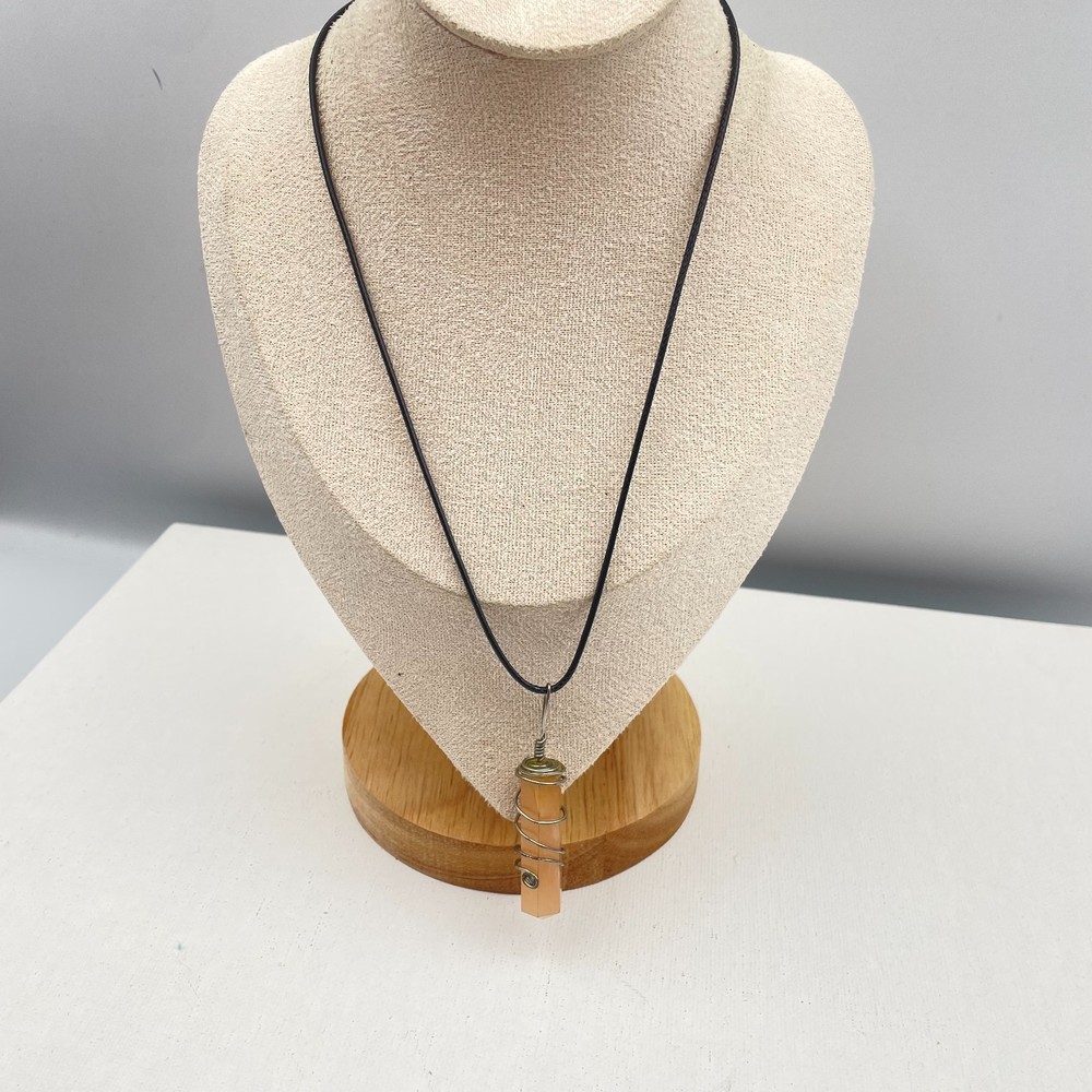 Vintage 90s Peach Glass Point Pendant Wire Wrapped Necklace Black Cord Jewelry