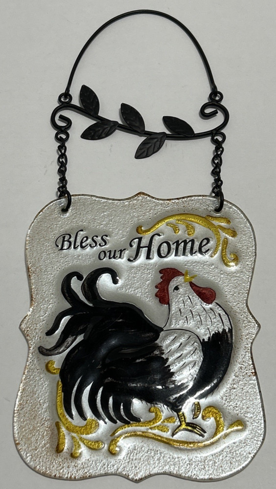 Bless Our Home Rooster Chicken Hen Glass Metal Sign Wall Art Country Farm Decor