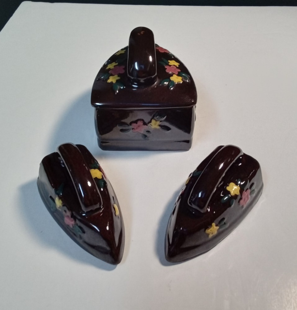Vintage Steam Iron Salt & Pepper Shakers and Sugar Bowl Set w/ Lid Ceramic Japan