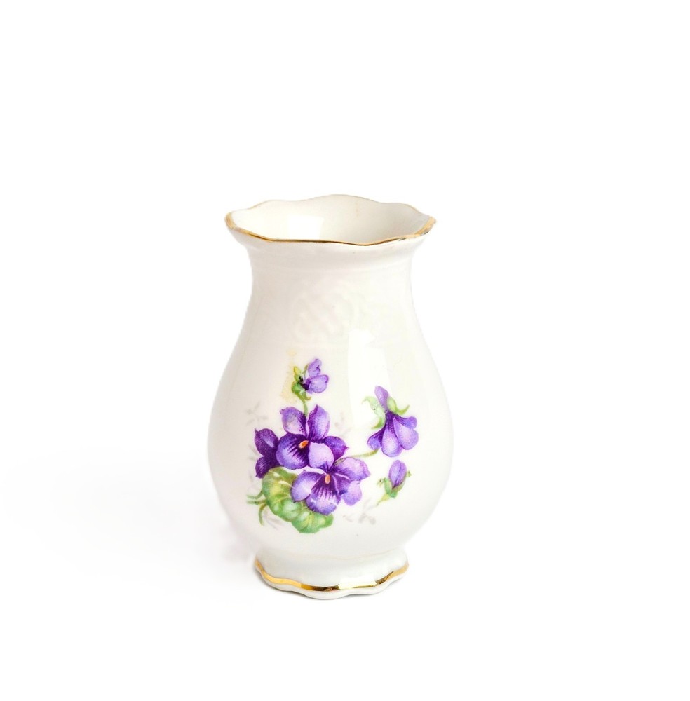 Schumann Arzberg Germany Violet Floral Vase Gold Trim Scalloped Edge Vintage
