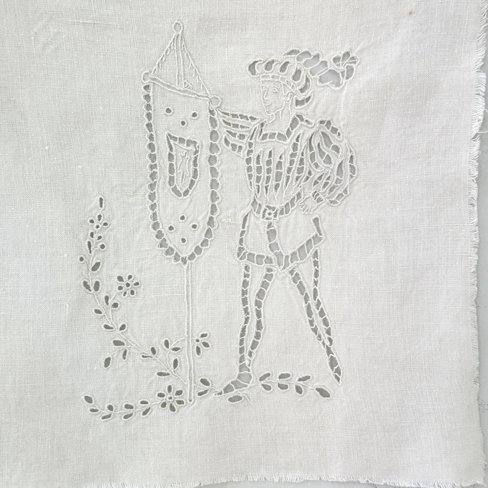 11x11 Drawnwork antique French handmade unique textile with linen white shield