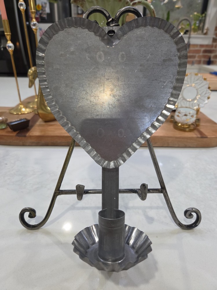 Folk Art Crimped Tin Metal Heart Wall Sconce Candle Holder Rustic Farmhouse Deco