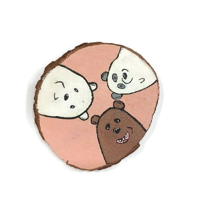 Handmade We Bare Bears Wood Slice Art - Grizzly Panda Ice Bear - Rustic Decor