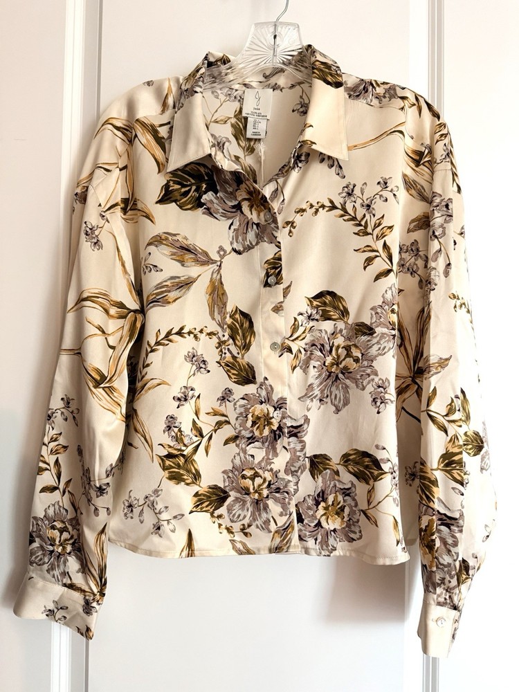 Joie Blouse Women Cropped Siz L Silk Cream Rose Pink Floral Button Long Sleeve