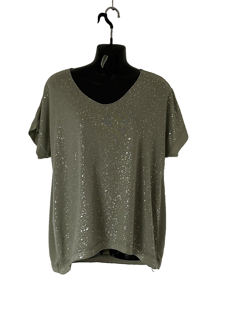 TOP NEW COLLECTION GREEN / SILVER PRINT SHORT SLEEVE FINE KNIT  SIZE UK 14 / 16
