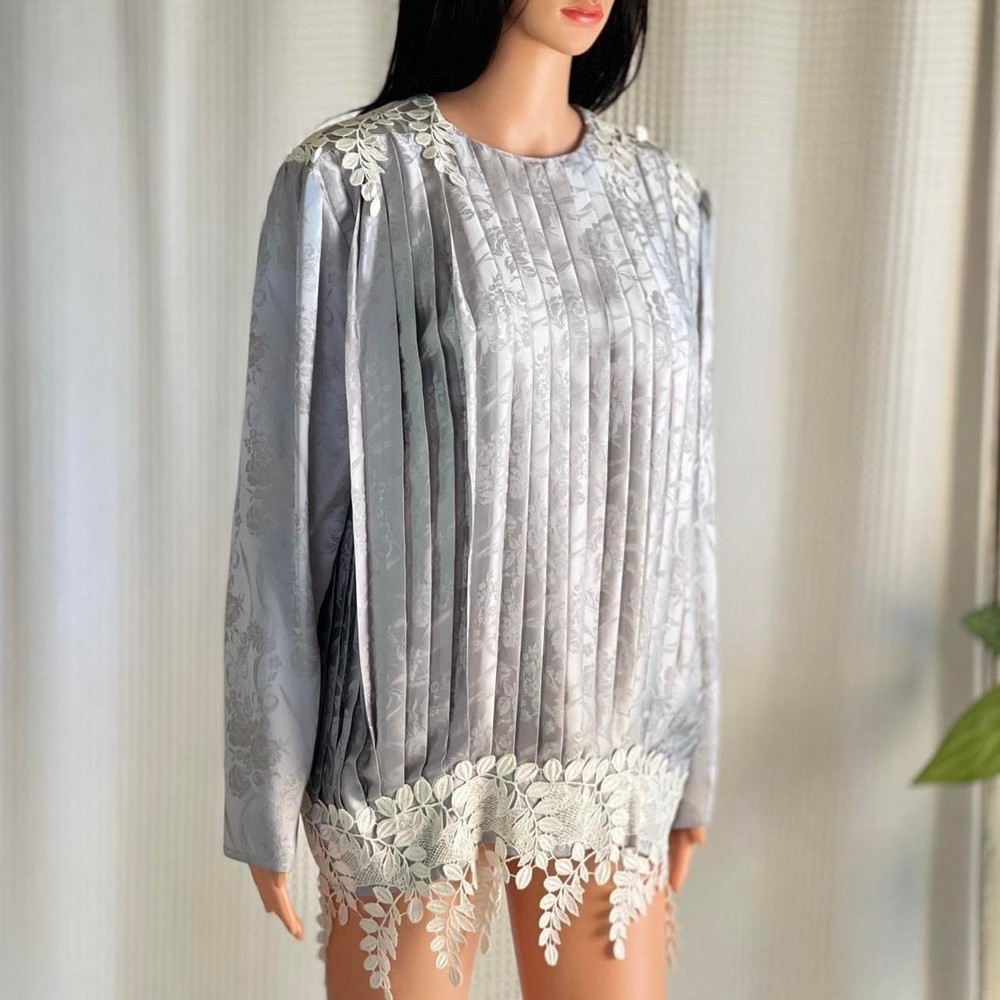 Vintage 80s Jessica McClintock Gray Silk Pleated Lace Blouse Cottage Coquette 10