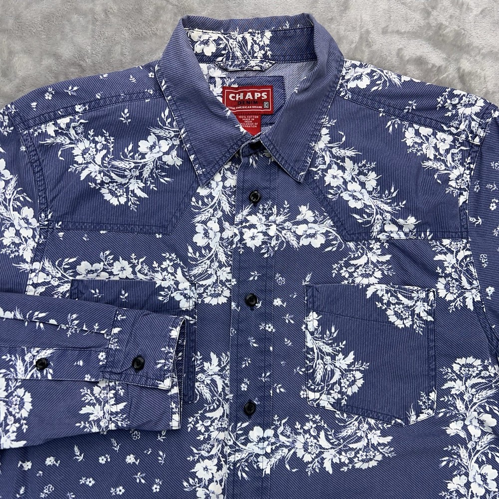 CHAPS DENIM Shirt Men's Medium Blue Floral Button Up Long Sleeve Western Casual