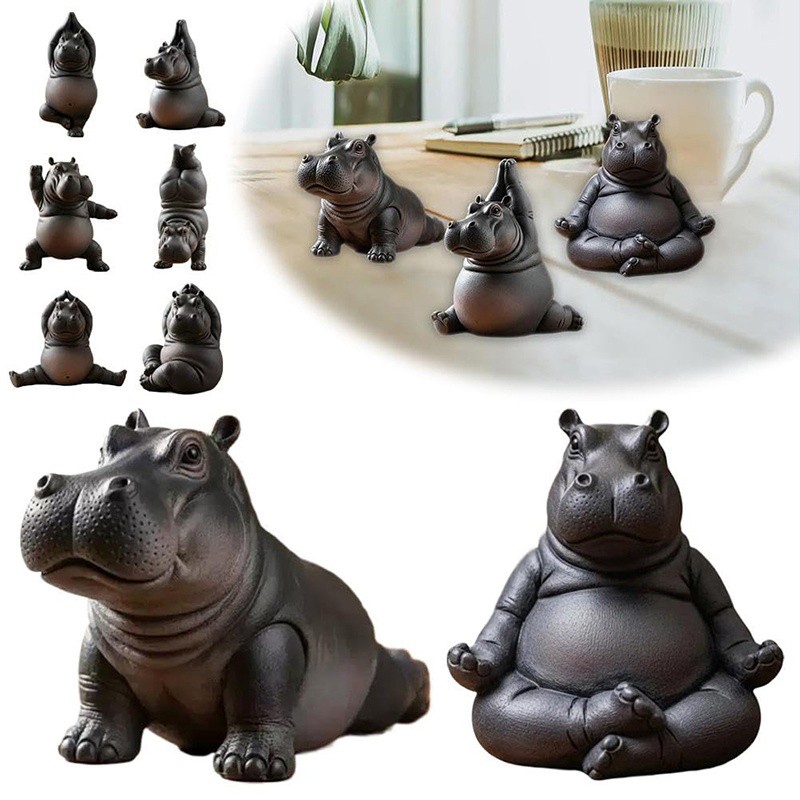 Yoga Master Hippo Statue Handcrafted Resin Hippopotamus Figurine Hippo Figurine