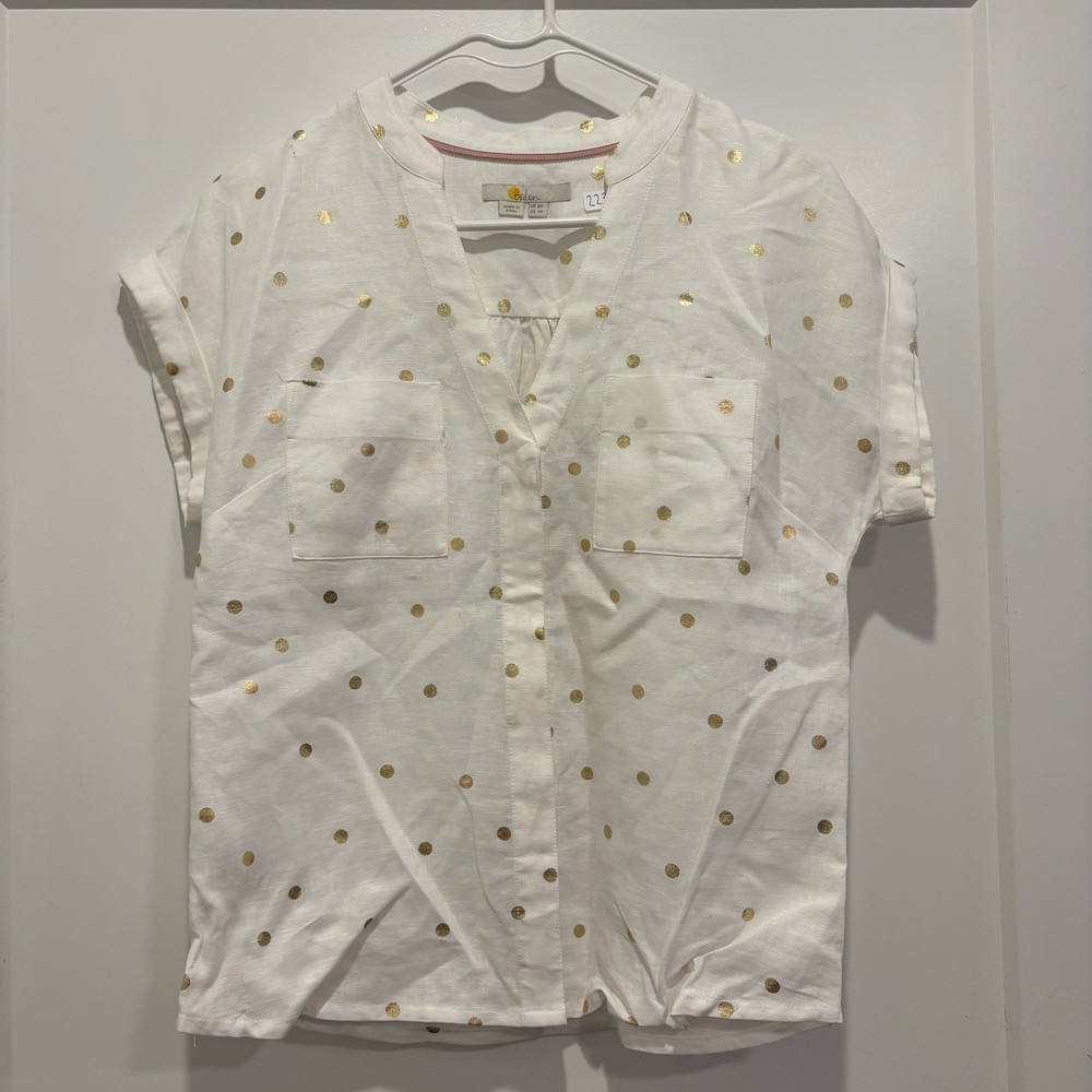 Boden Women White Gold Metallic Polka Dot Linen V-Neck Top Blouse US 4P UK 8P