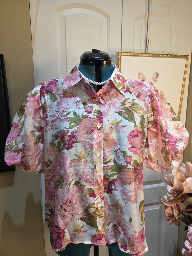 Nwt Large LUCKY & COCO Pink Floral Puff-Sleeve Button-Down Shirt