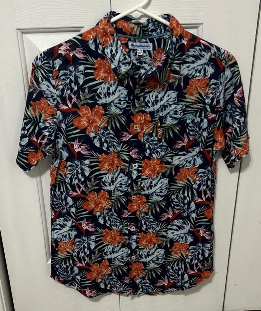 Tommy Bahama Boys Floral Hawaiian Button-Up Short Sleeve Collared Shirt Sz 14/16
