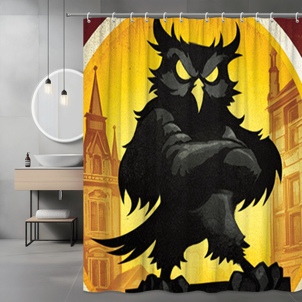 Gothic Owl Shower Curtain Black Yellow Vintage City Print