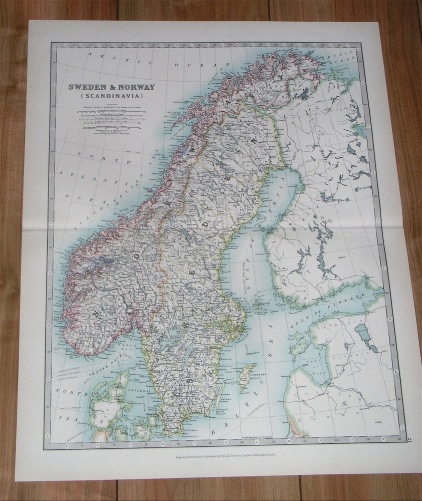 1907 Original Antique Map  Of Scandinavia / Sweden Norway