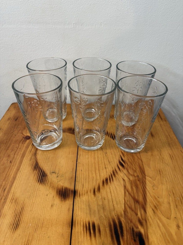 Vintage Floral Etched Glass Tumblers Set Clear Drinking Glasses Set of 6