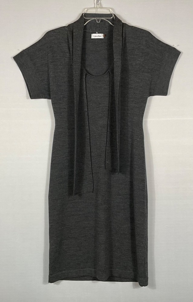 Calvin Klein Sweater Dress Womens Med Gray Heather Short Sleeve Wool Blend