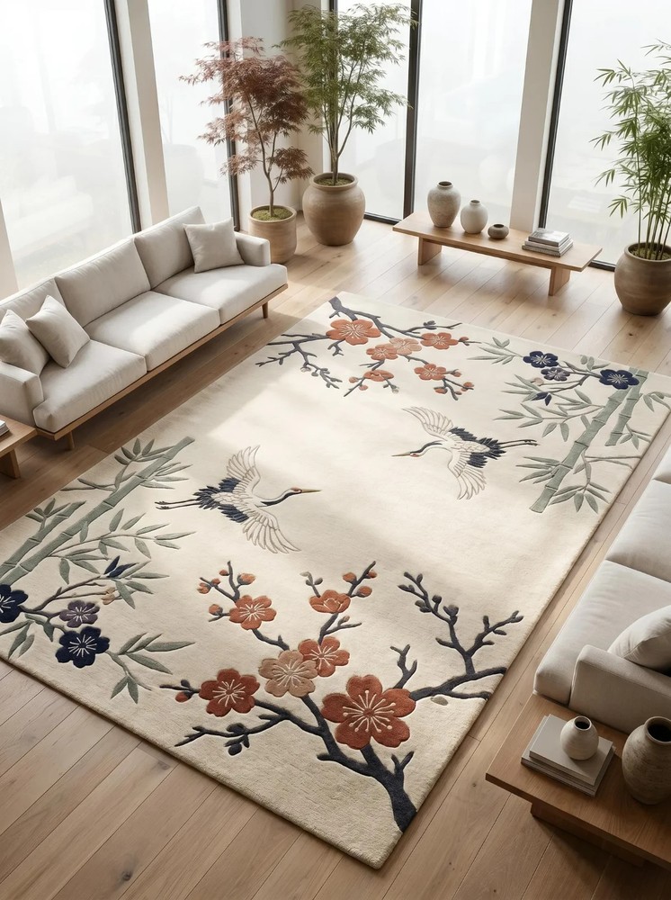 Japanese Crane Rug Hand Tufted Wool Area Rug Neutral Beige Bamboo Floral Rug