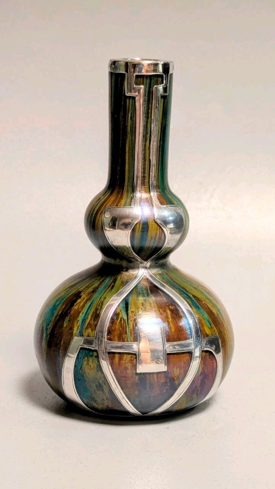 LOETZ attrb FRITZ HECKERT ART NOUVEAU IRIDIZED GLASS VASE STERLING OTTO THAMM
