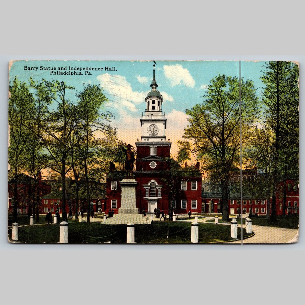 Postcard Barry Statue and Independence Hall, Philadelphia, PA