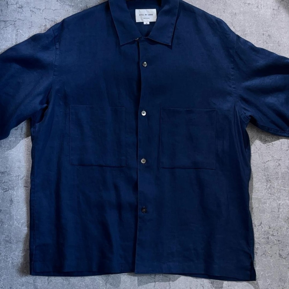 STILL BY HAND Linen Open Collar Shirt SH06232 Indigo Blue Size 46