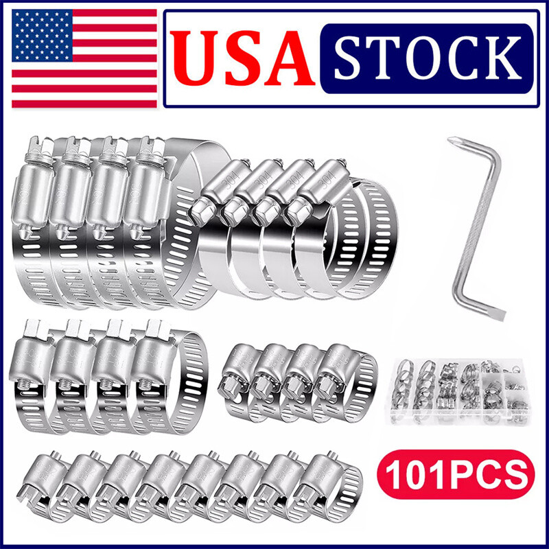 101-Piece Stainless Steel Worm Gear Hose Clamp Set - 8 Sizes Adjustable for Secure Fit