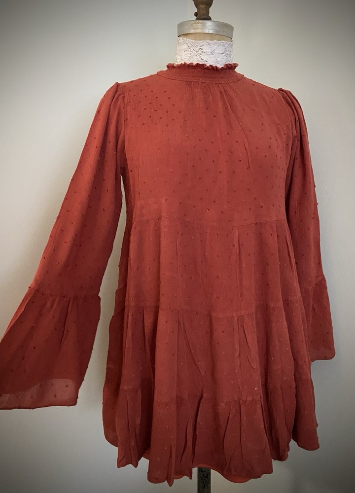 Alter’d State Rust Babydoll Bell Sleeve Dress SZ S Mini Boho