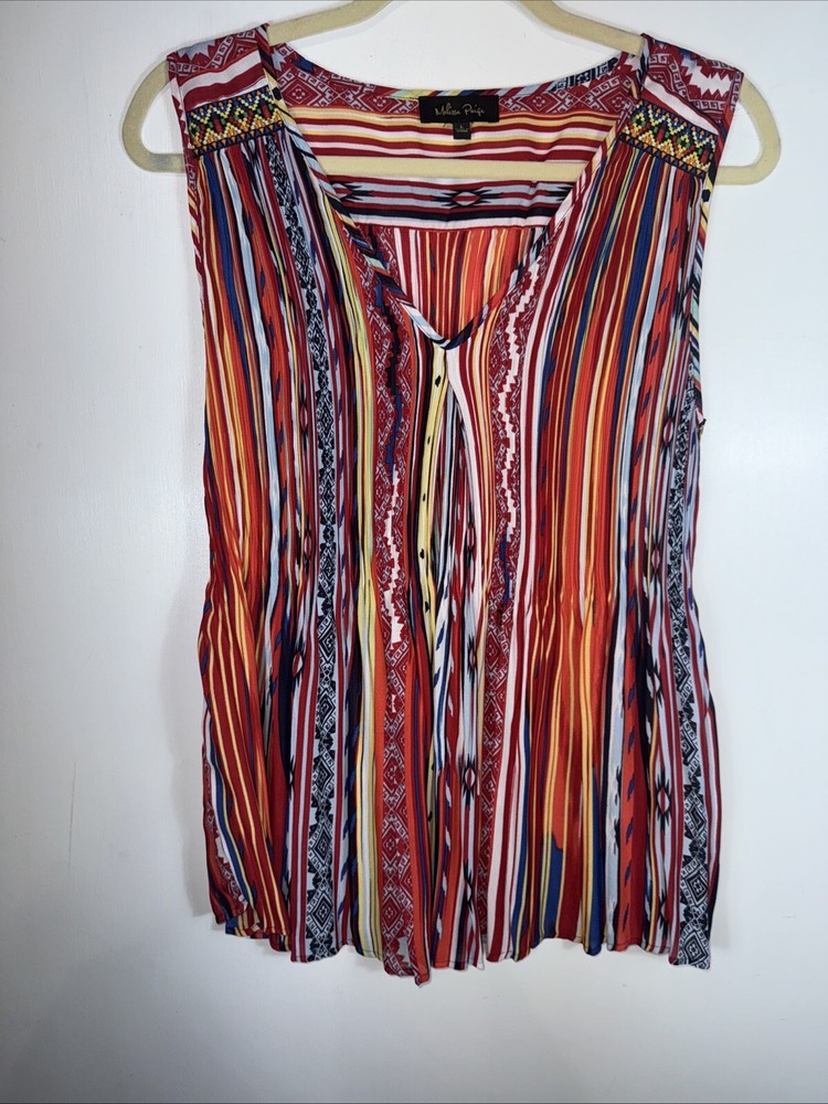 Melissa Paige Women’s Size Large Crinkle Sleeveless Blouse Boho Aztec