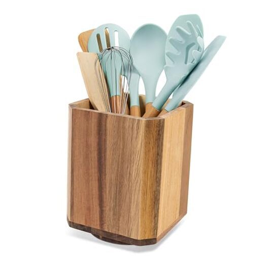 Acacia Wood Utensil Holder, 360° Rotating Large Cooking Utensil Organizer,-image