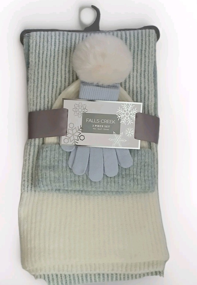 Soft Blue & Gray 3-Piece Knit Winter Set – Scarf, Hat & Gloves