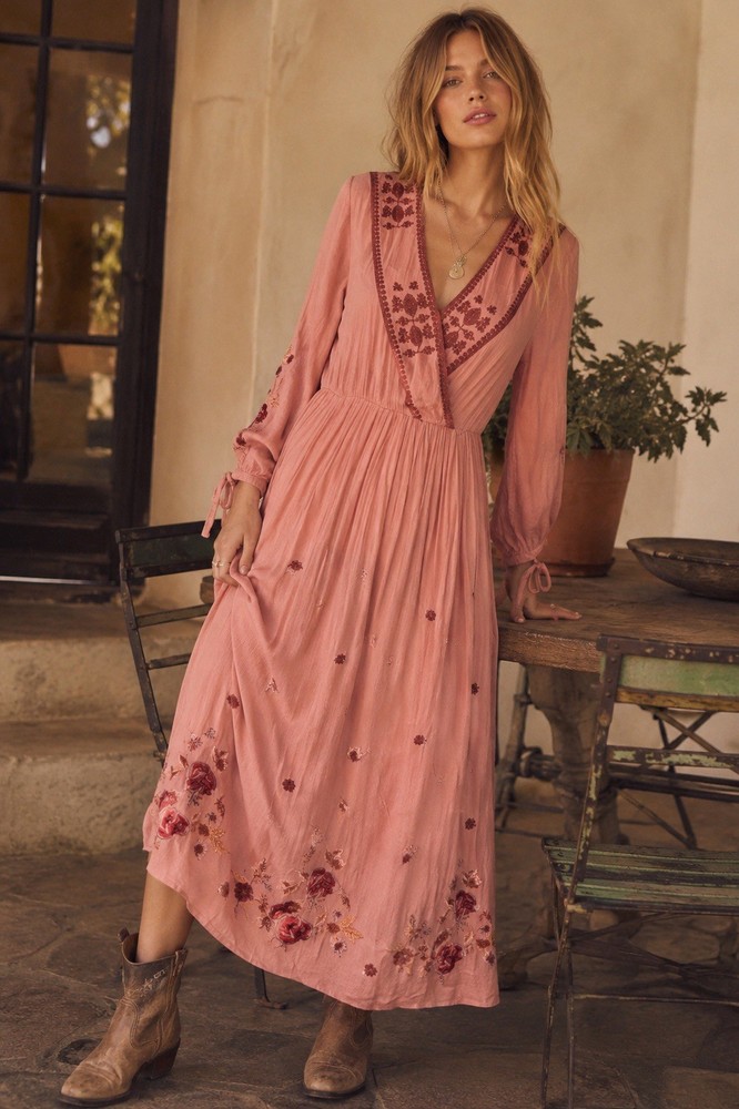 Free People GORGEOUS Embroidered Fable Midi Dusty Rose Blue Boho Dress Sz S EUC
