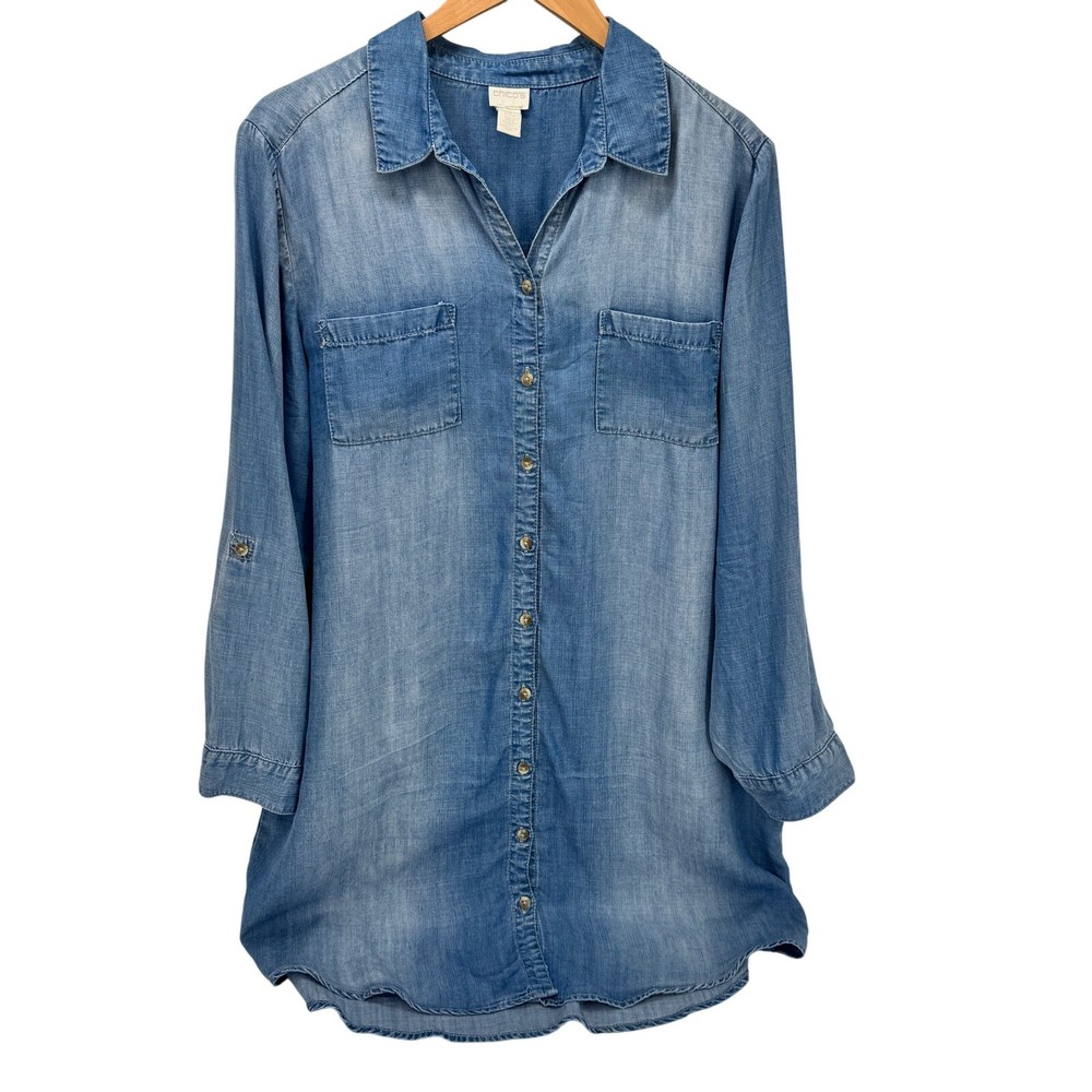 Chico's Chambray Dress Womens Petite XL XLp Blue Coastal Button Up Roll Tab