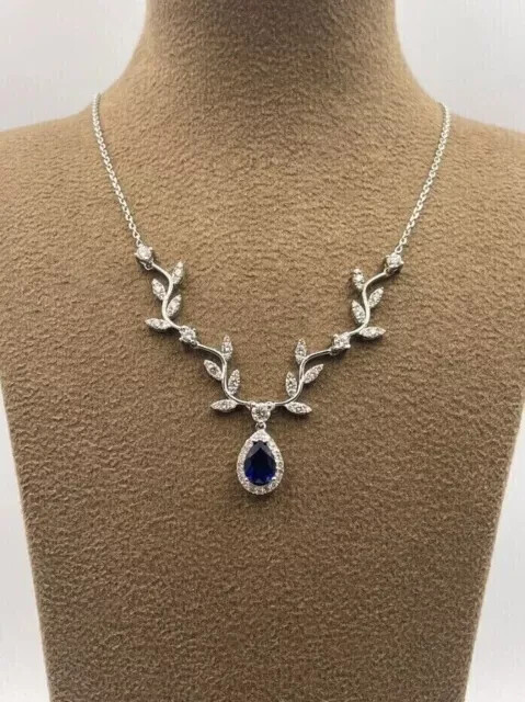 3Ct Pear Lab-created Diamond Blue Sapphire Fancy Necklace 14K White Gold Plated