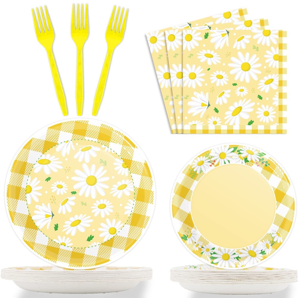 96 PCS Daisy Flower Party Supplies for 24 Guests Tableware Set Plates Napkins