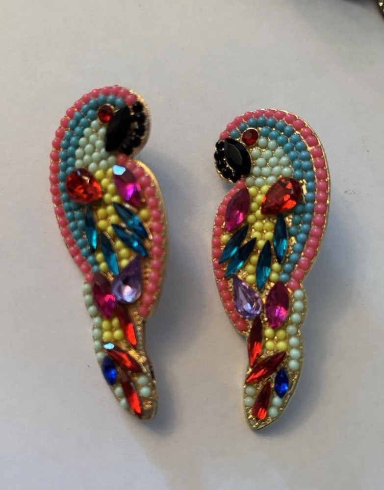 Tropical Macaw Parrot Bird Rainbow Rhinestones Beads Gold Tone Pierced Earrings