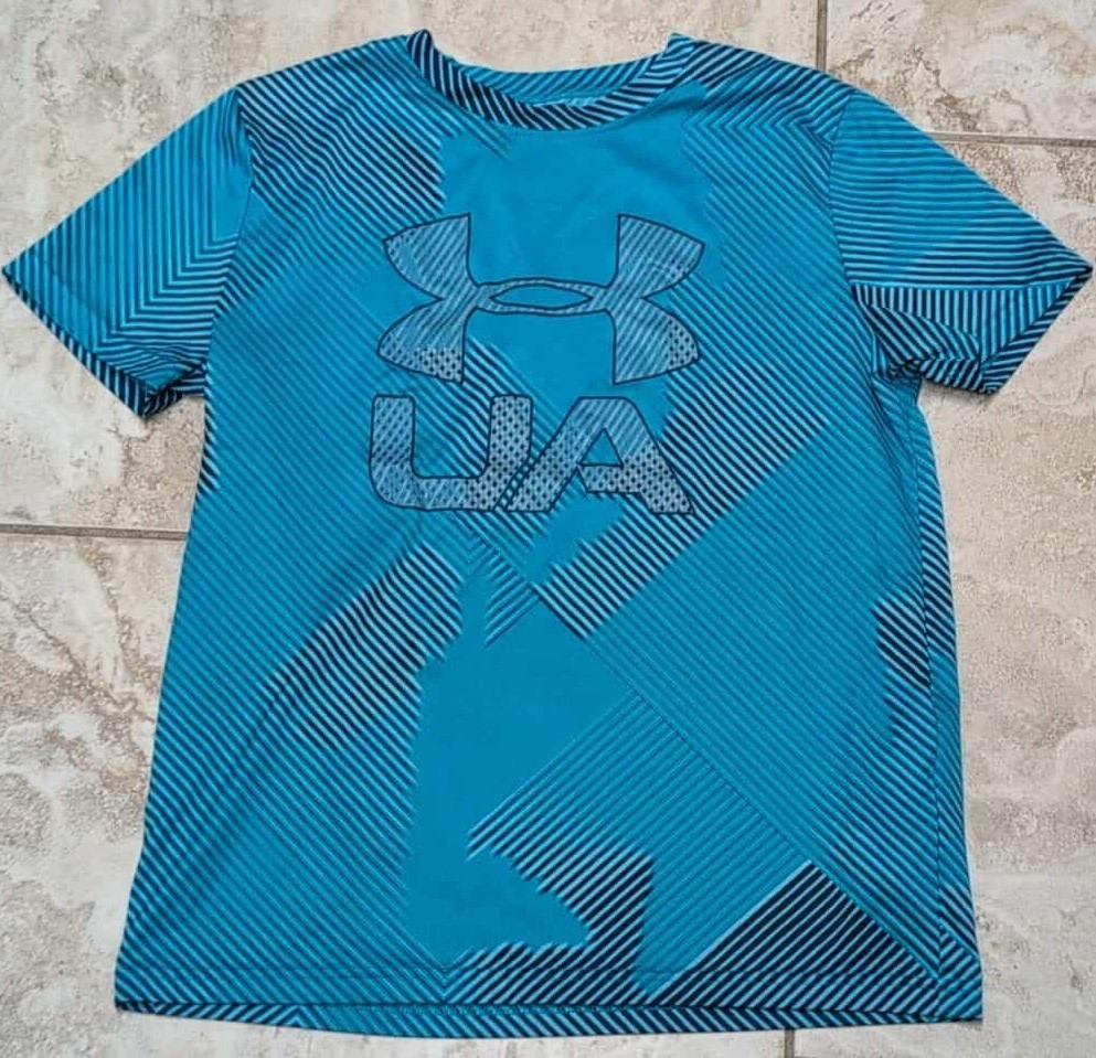 Under Armour Shirt Youth Medium YMD Short Sleeve Blue Black Athletic Polyester
