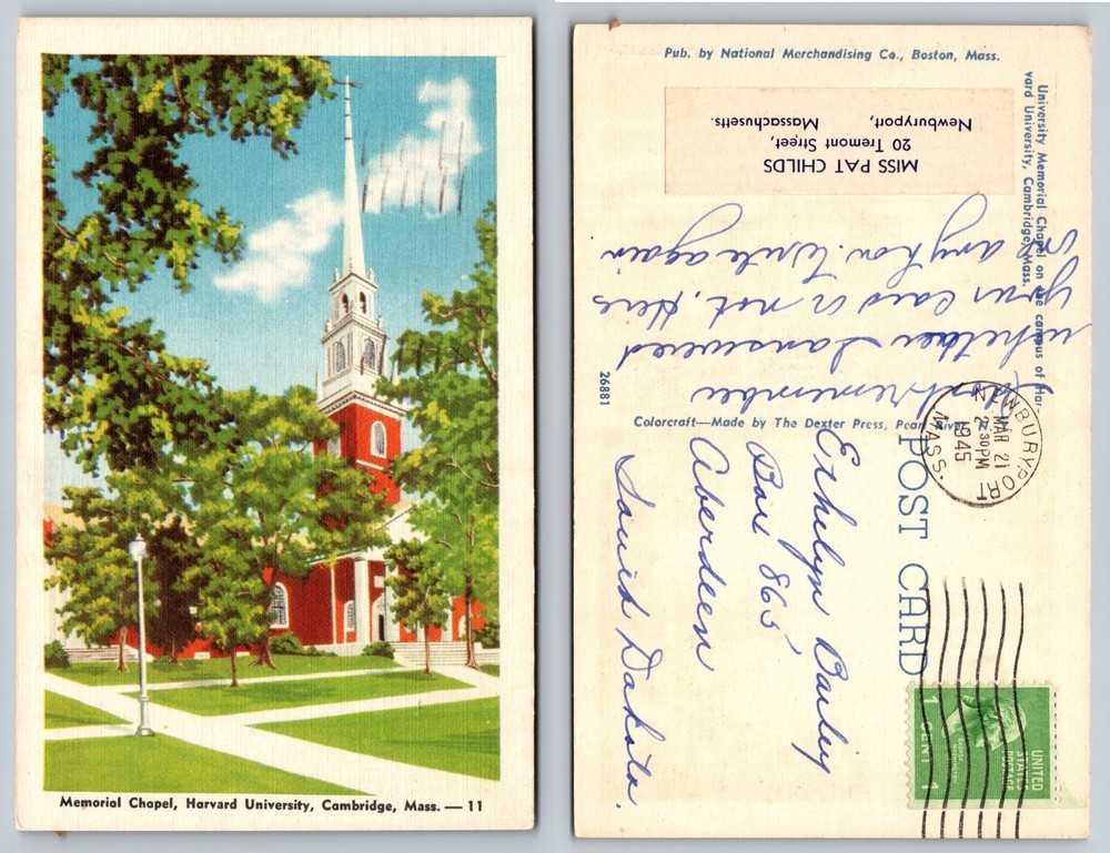 Memorial Chapel Harvard University Cambridge Postcard