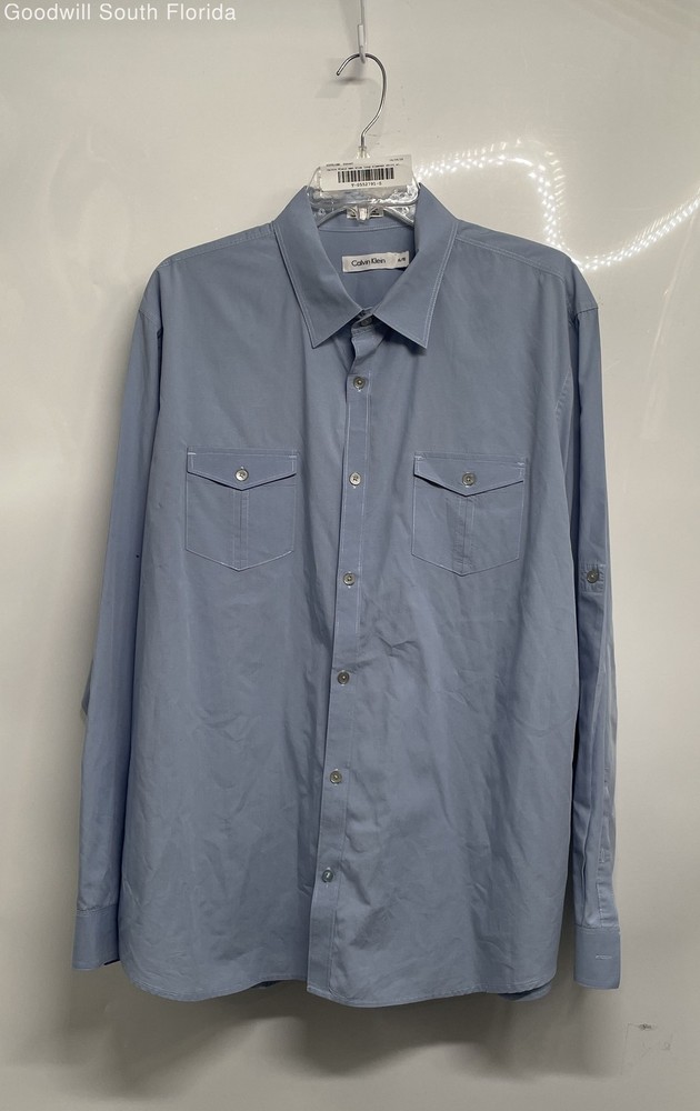 Calvin Klein Mens Blue Long Sleeve Spread Collar Button-Up Shirt Size XL