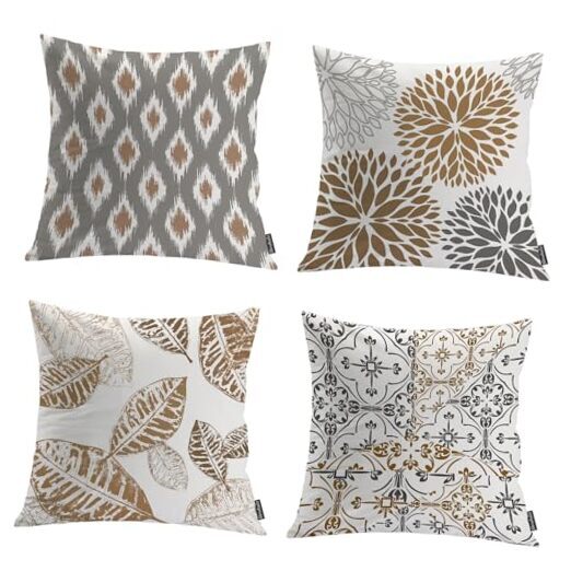 Elegant 18x18 Leaf Geometric Coffee Throw Pillow Covers, Set of 4